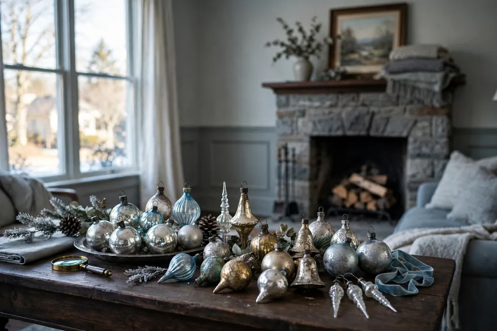 Antique ornaments displayed away from a sunny window and fireplace in steady room light.