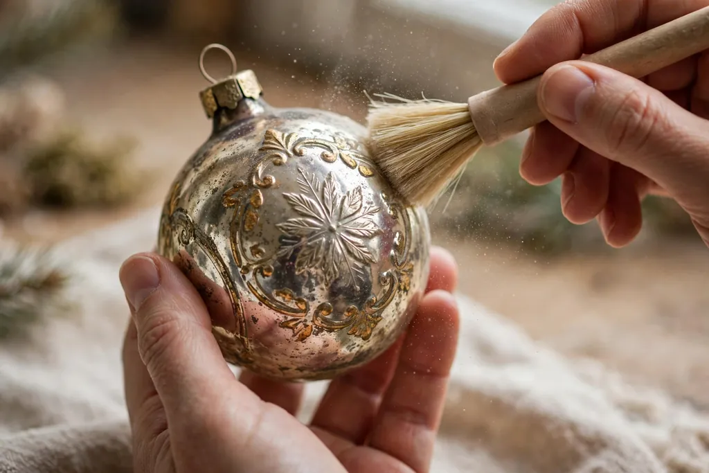 Gentle dry dusting of an antique glass ornament with a soft brush.
