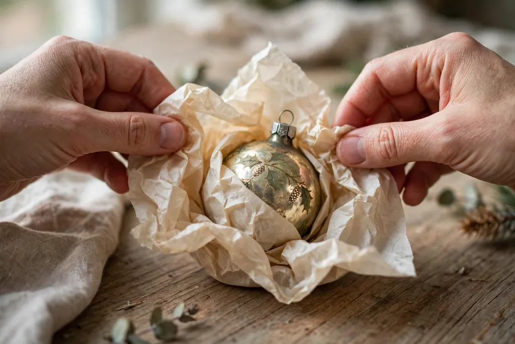 Hands wrapping a single antique glass ornament loosely in acid free tissue paper.
