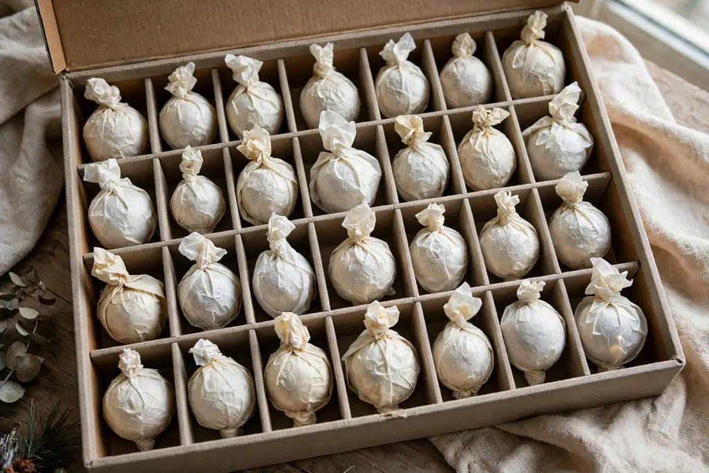 Divided ornament storage box packed upright with tissue wrapped antique ornaments.