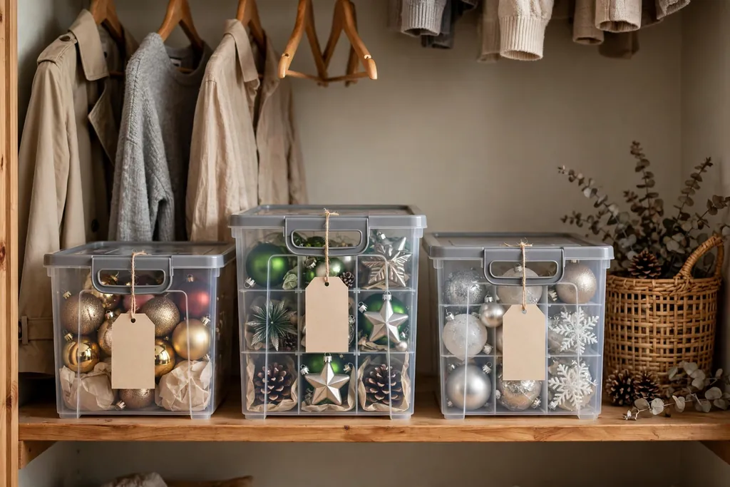 Labeled ornament storage boxes on a dry indoor closet shelf kept off the floor.