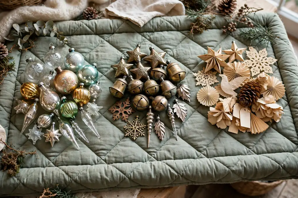 Antique Christmas ornaments sorted by material into separate groups on a padded table.