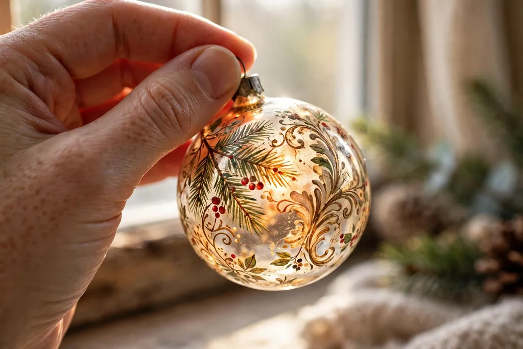 Hand holding a thin blown glass antique ornament to the light to show hand painted detail.