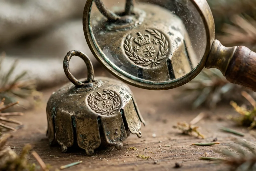 Old metal ornament cap and maker mark examined with a magnifying glass.