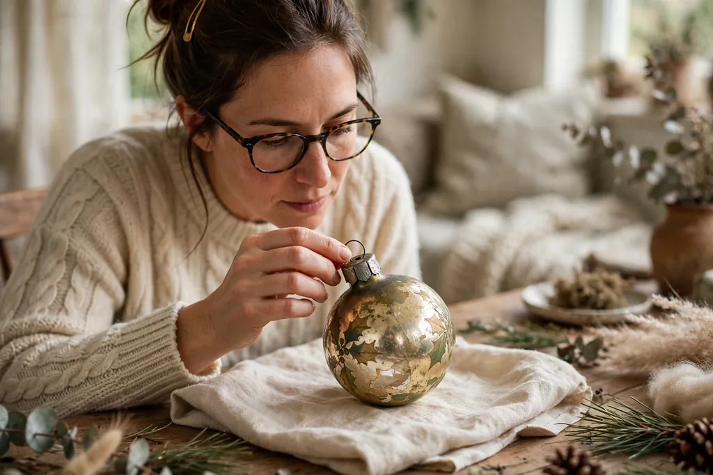 Person inspecting an antique glass ornament for chips and loose caps on a soft cloth.