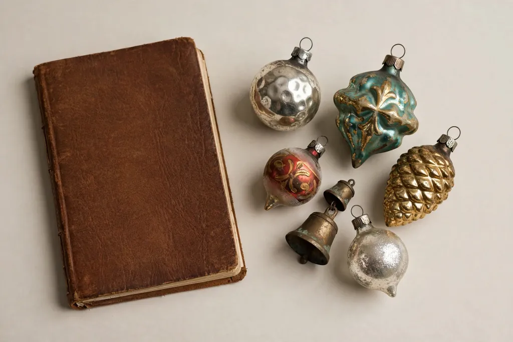 Antique Christmas ornaments photographed one by one on a plain background beside a notebook.