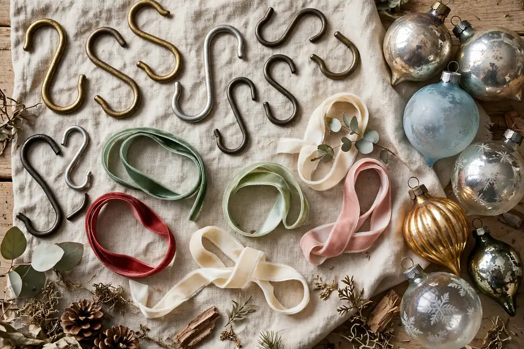 Sturdy ornament hooks and soft ribbon loops laid out beside antique glass ornaments.