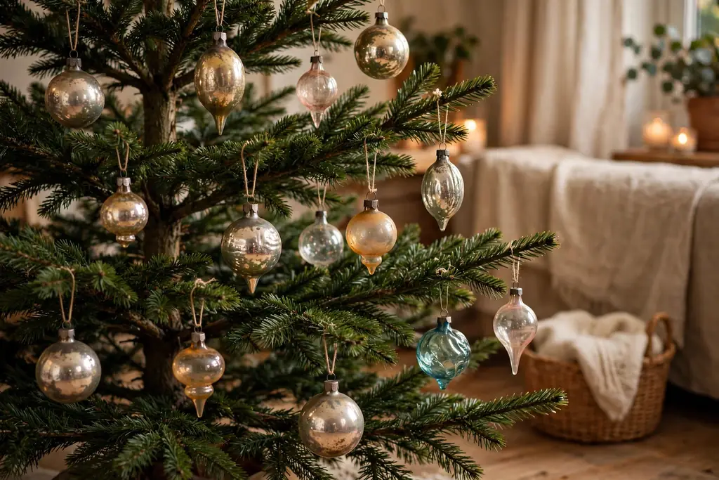 Christmas tree with antique glass ornaments hung on strong inner branches with space between pieces.