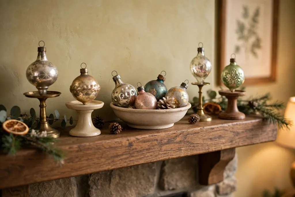 Mantel shelf display of antique ornaments in a shallow bowl and on small stands.