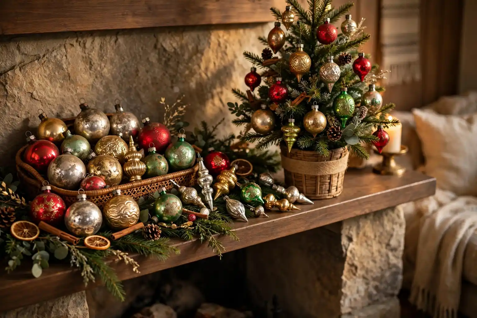 Collected display of antique Christmas ornaments in red, gold, green, and silver on a mantel and small tree.