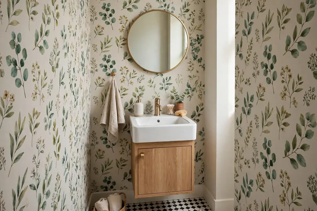 Botanical removable wallpaper behind a small apartment bathroom vanity