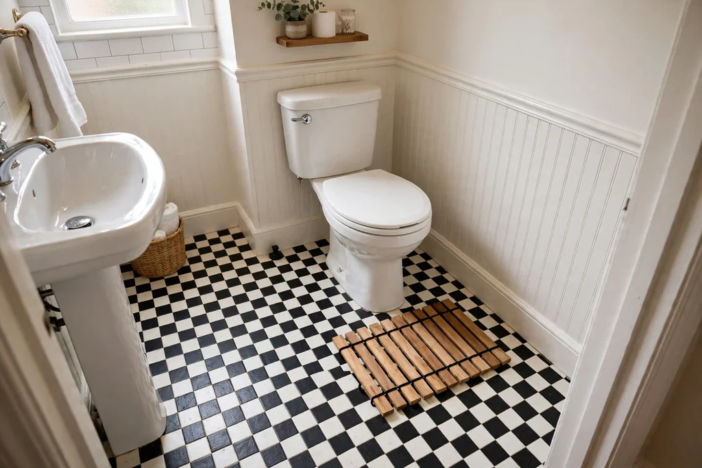 Checkered peel-and-stick floor tiles in a small bathroom