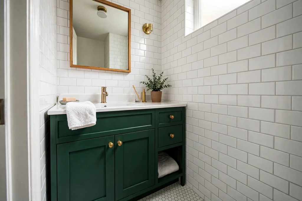 Deep green painted vanity cabinet with brass knobs in a small bathroom