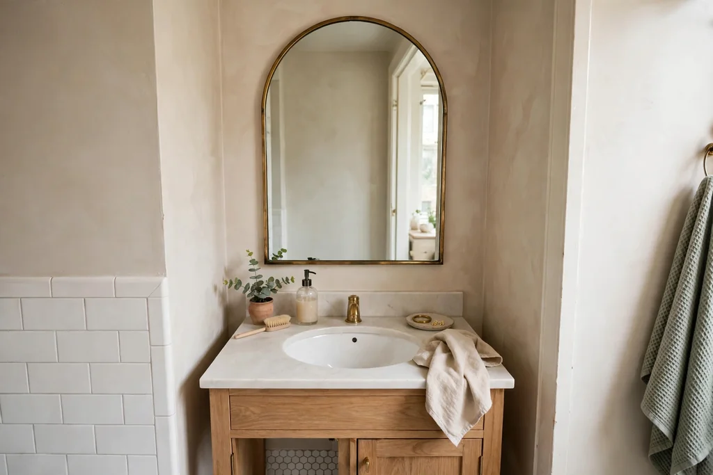 Arched mirror with a brass frame above a small apartment vanity