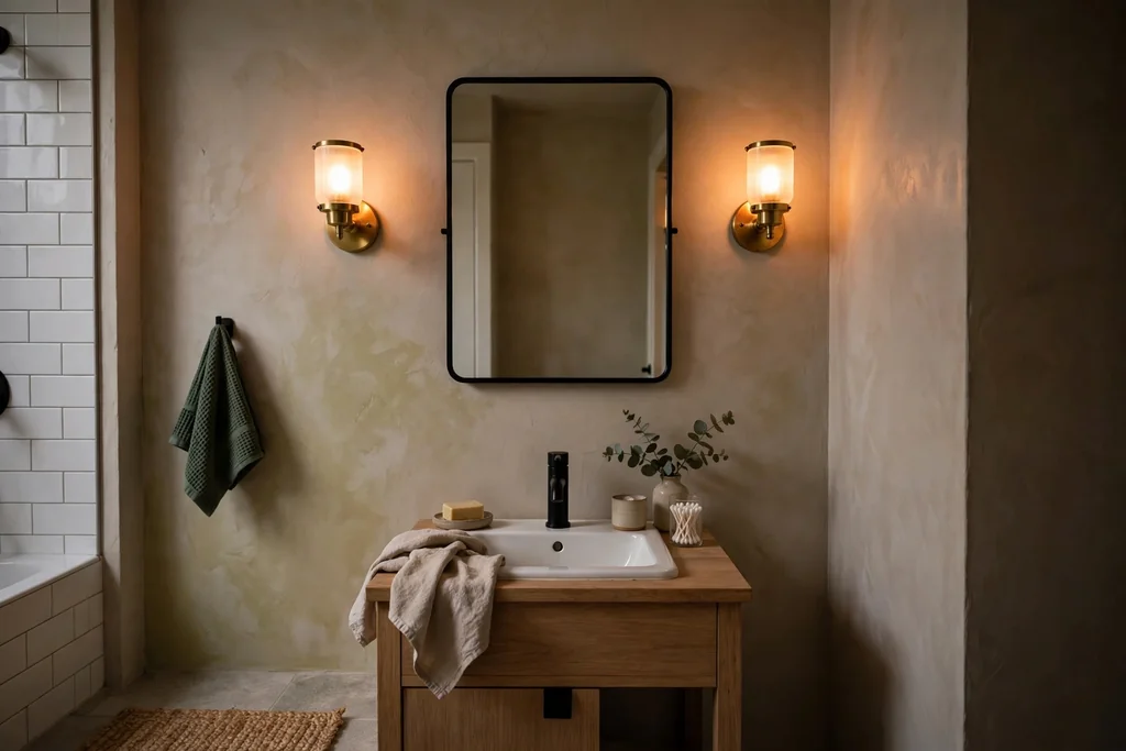Warm wall sconces beside a bathroom mirror casting soft light