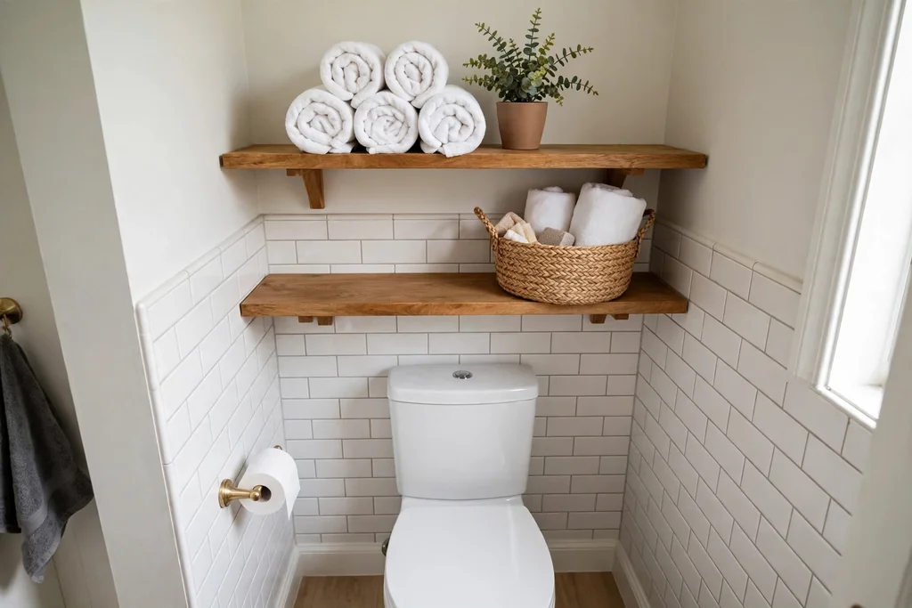 Open wooden shelves above a toilet holding rolled towels and a basket