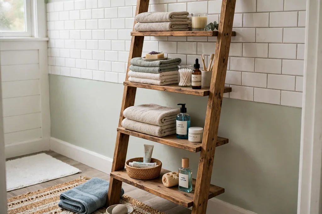 Leaning wooden ladder shelf with folded towels in a small bathroom