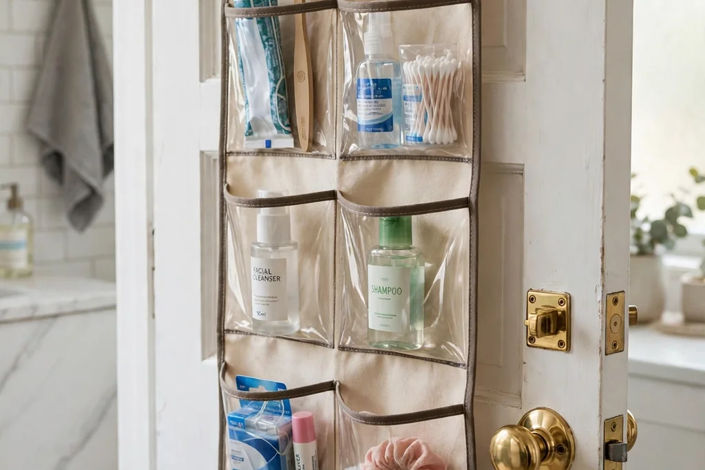 Over-door organizer with pockets holding toiletries inside a bathroom door