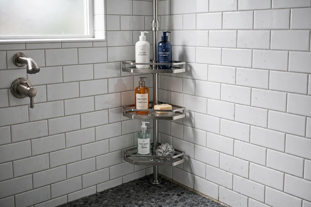 Tension corner shelves in a tiled shower holding shampoo bottles