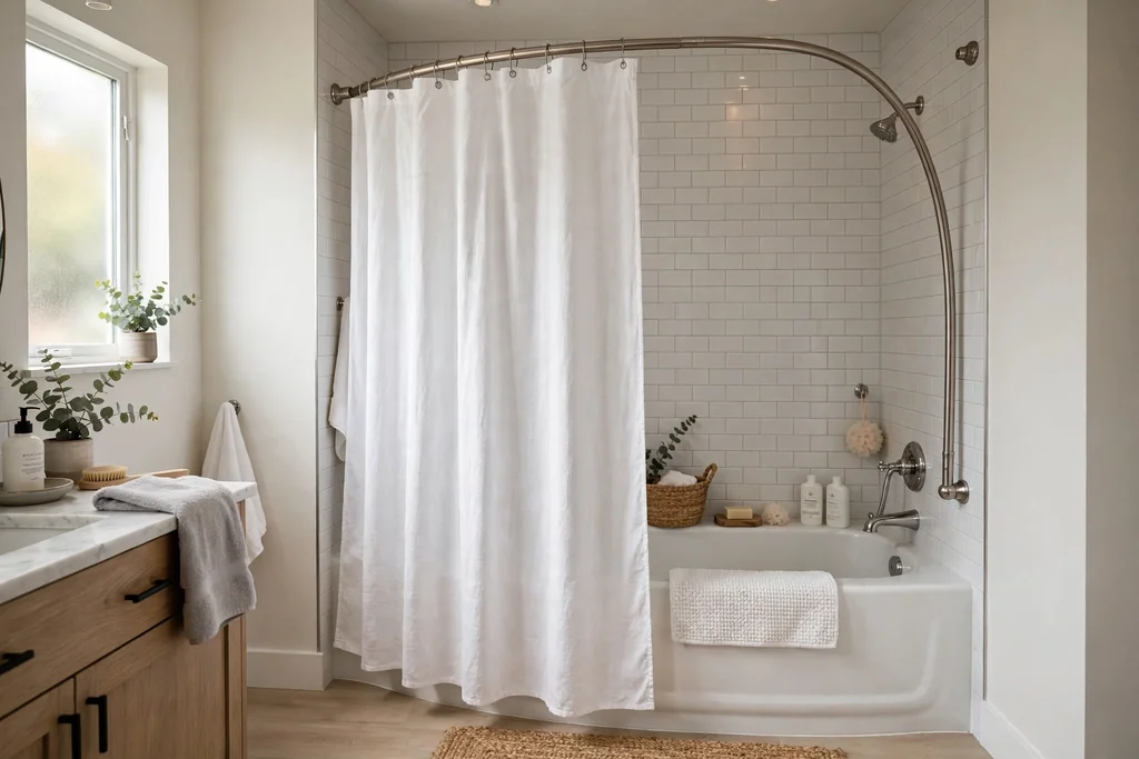 Curved shower rod bowed outward over a bathtub with a white curtain