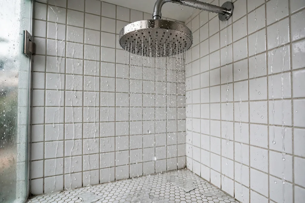 Round rainfall showerhead in a small white tiled shower