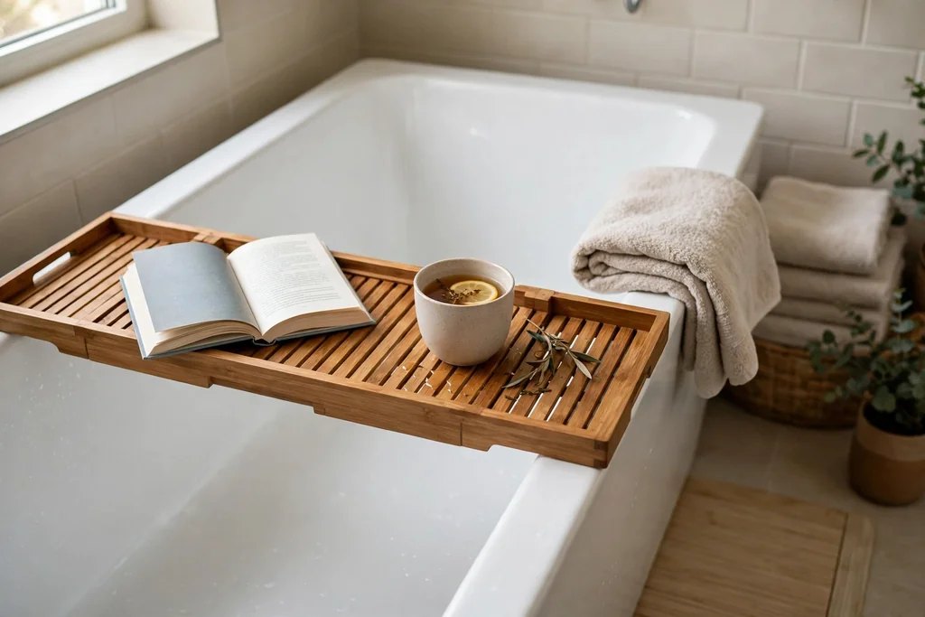 Wooden bath tray across a bathtub holding a book and a cup