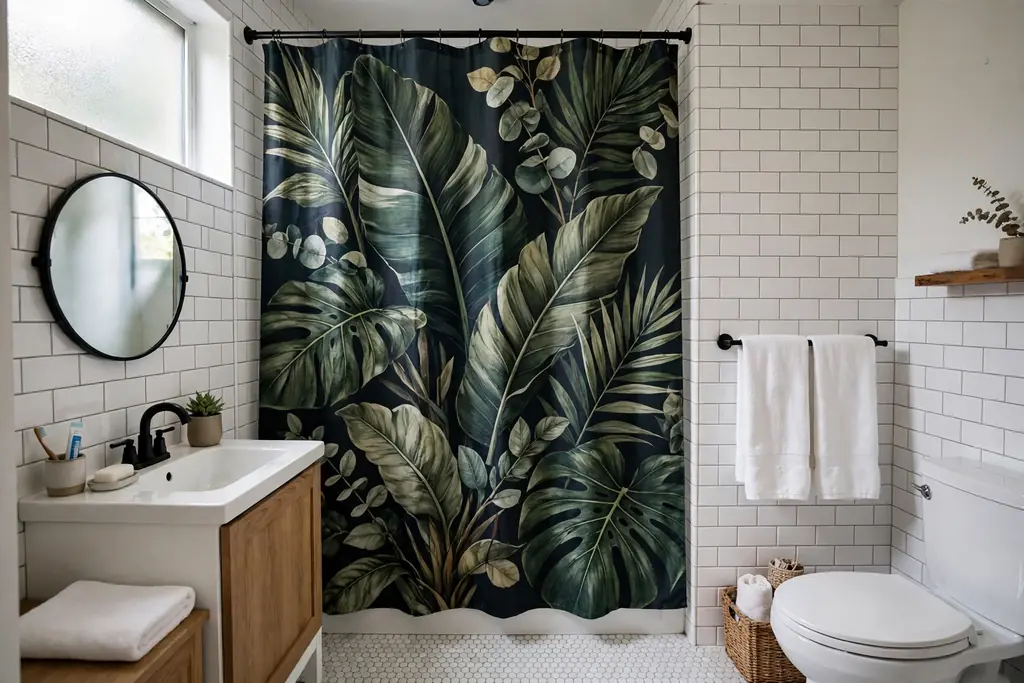 Bold botanical shower curtain as the focal point of a small bathroom