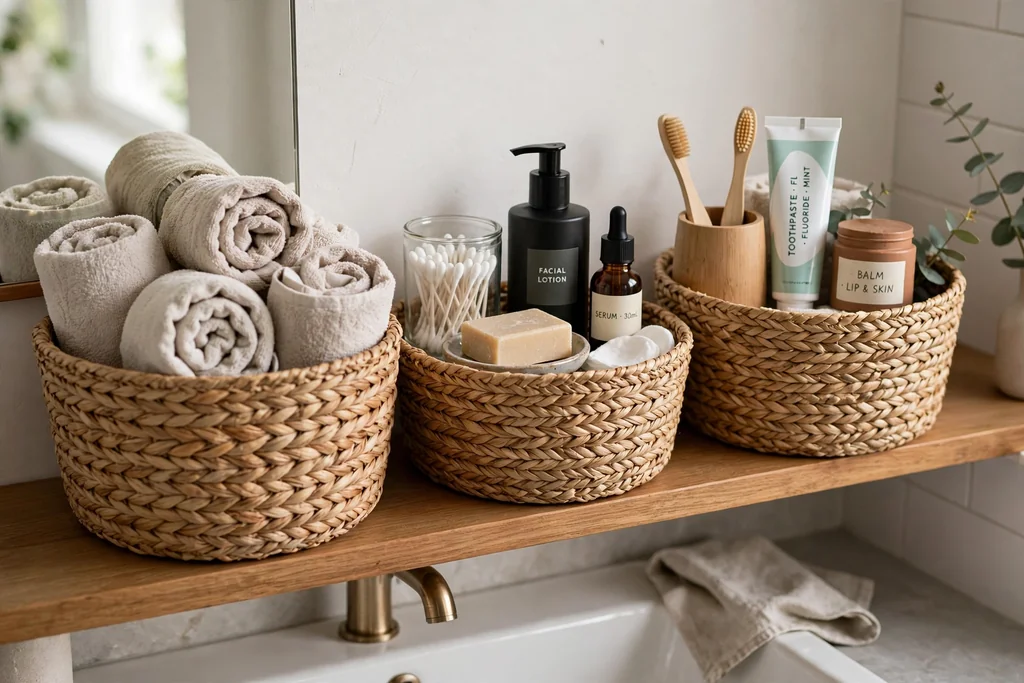 Woven baskets holding toiletries and rolled towels on a bathroom shelf