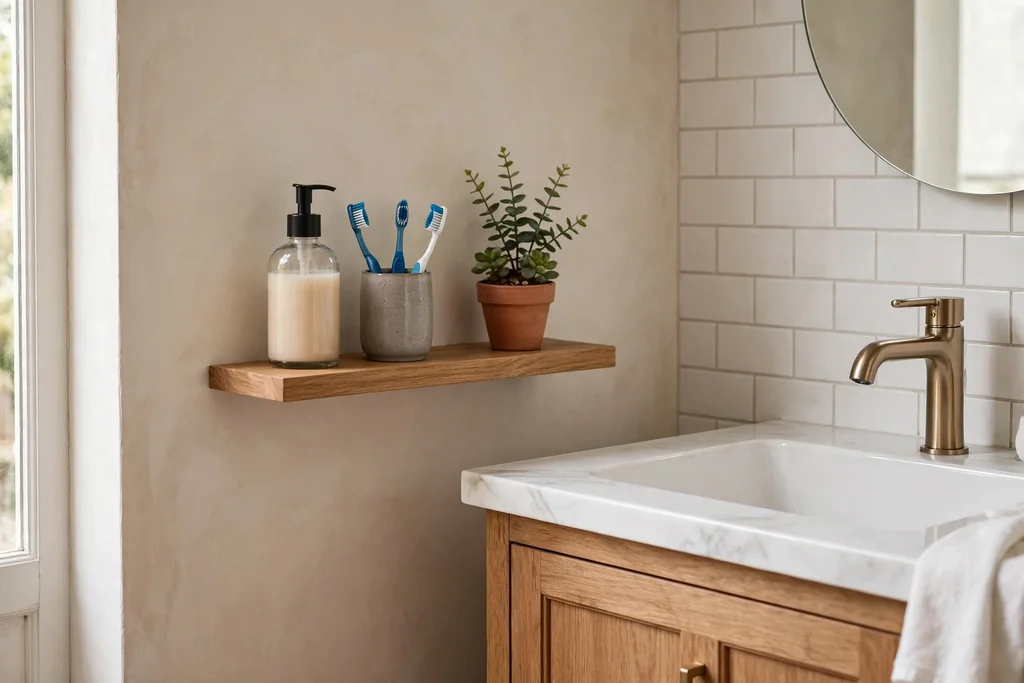 Floating shelf beside a sink with soap a toothbrush cup and a small plant