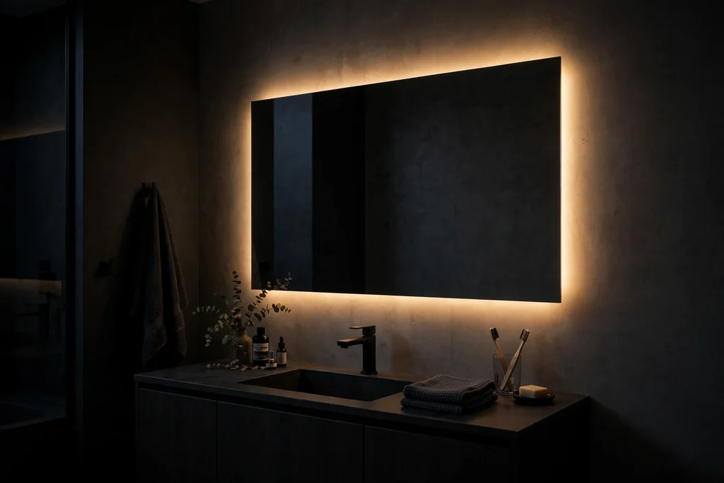 Bathroom mirror glowing with a warm LED strip behind it at night