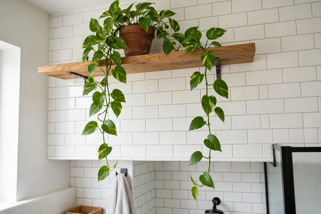 Trailing pothos plant on a high bathroom shelf beside a tiled wall