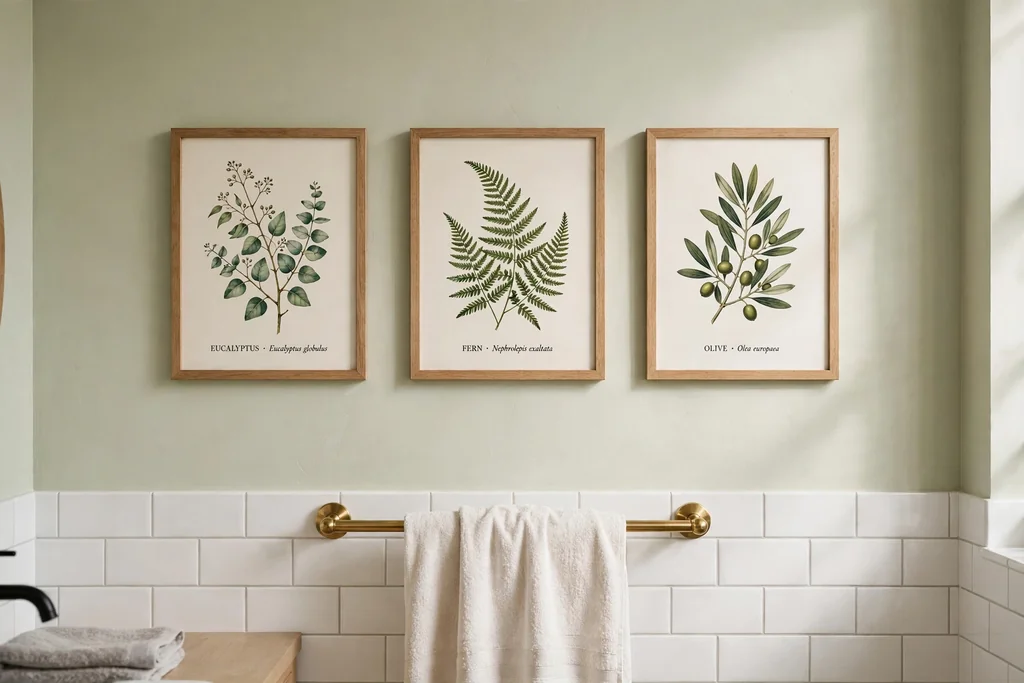 Small gallery wall of framed botanical prints above a bathroom towel rail