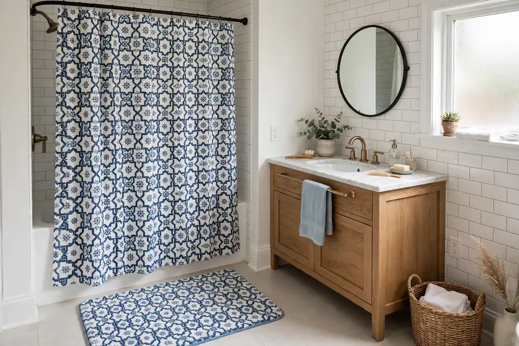 Patterned shower curtain with a matching bath mat in a small bathroom