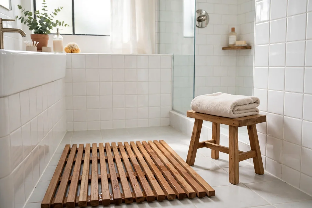 Teak bath mat and a small wooden stool with a folded towel in a bathroom
