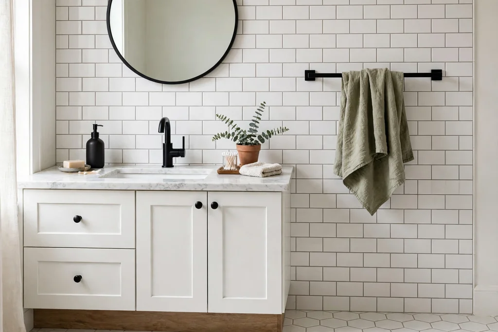 Bathroom vanity with matte black towel bar faucet and cabinet knobs