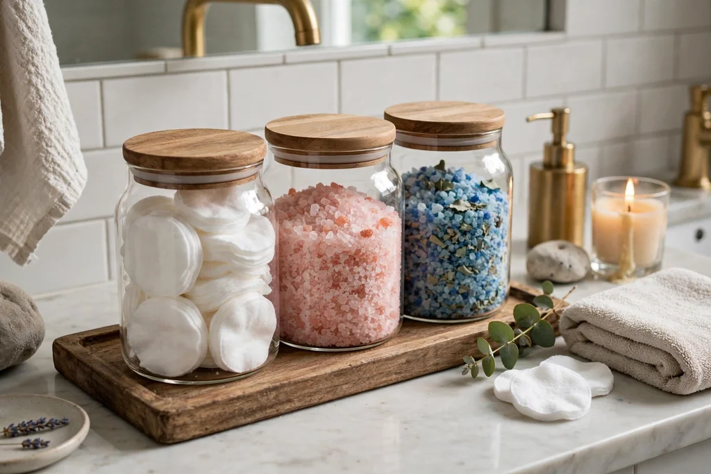 Glass jars holding cotton pads and bath salts on a vanity tray