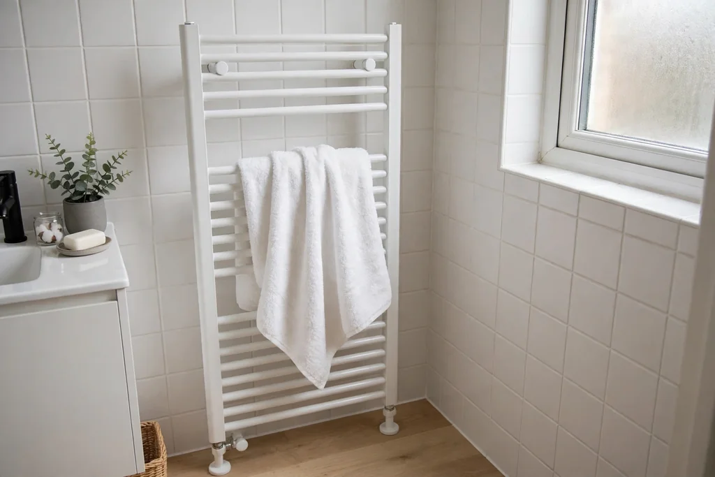 Freestanding heated towel rail with a white towel in a bathroom corner