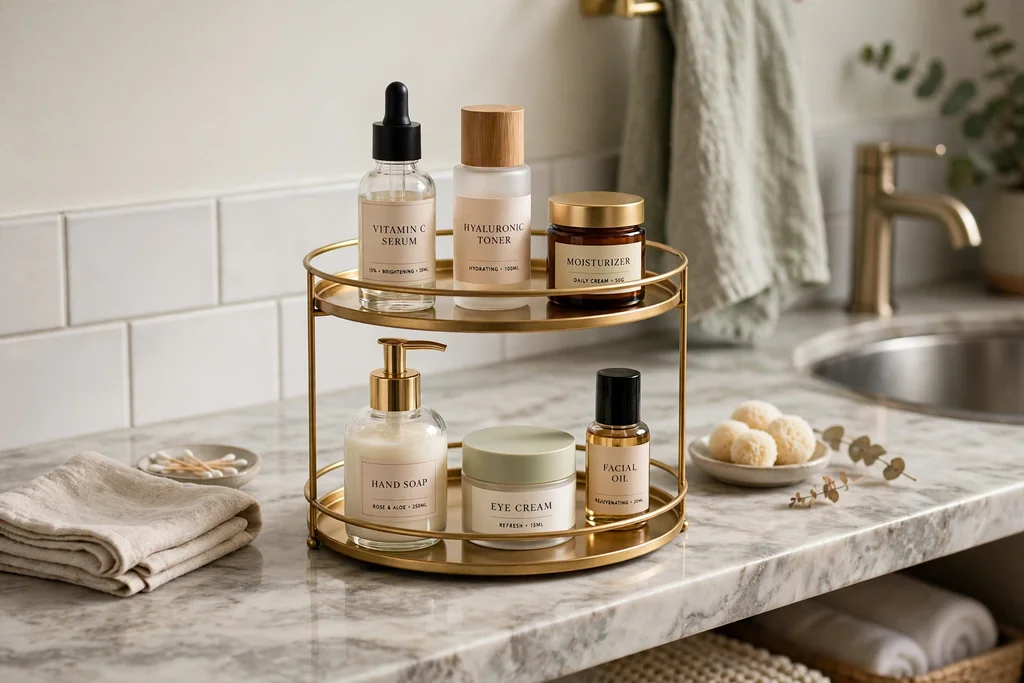 Two-tier tray with toiletries on a bathroom vanity counter