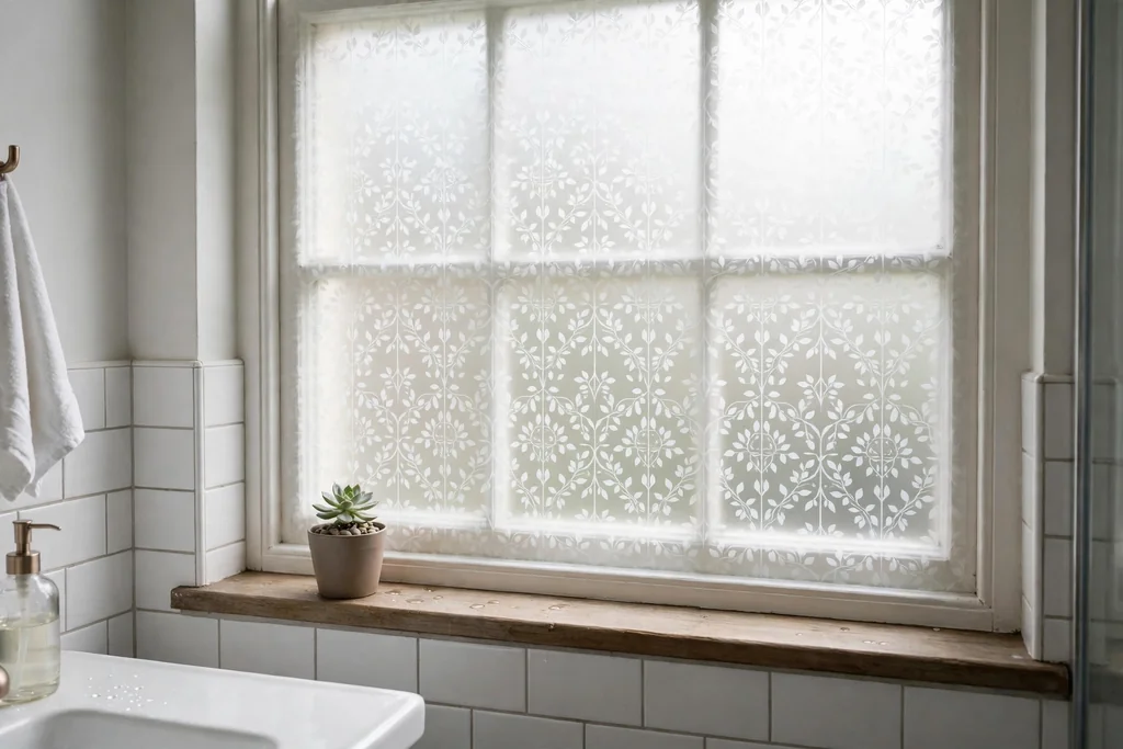 Bathroom window with patterned frosted privacy film and a plant on the sill