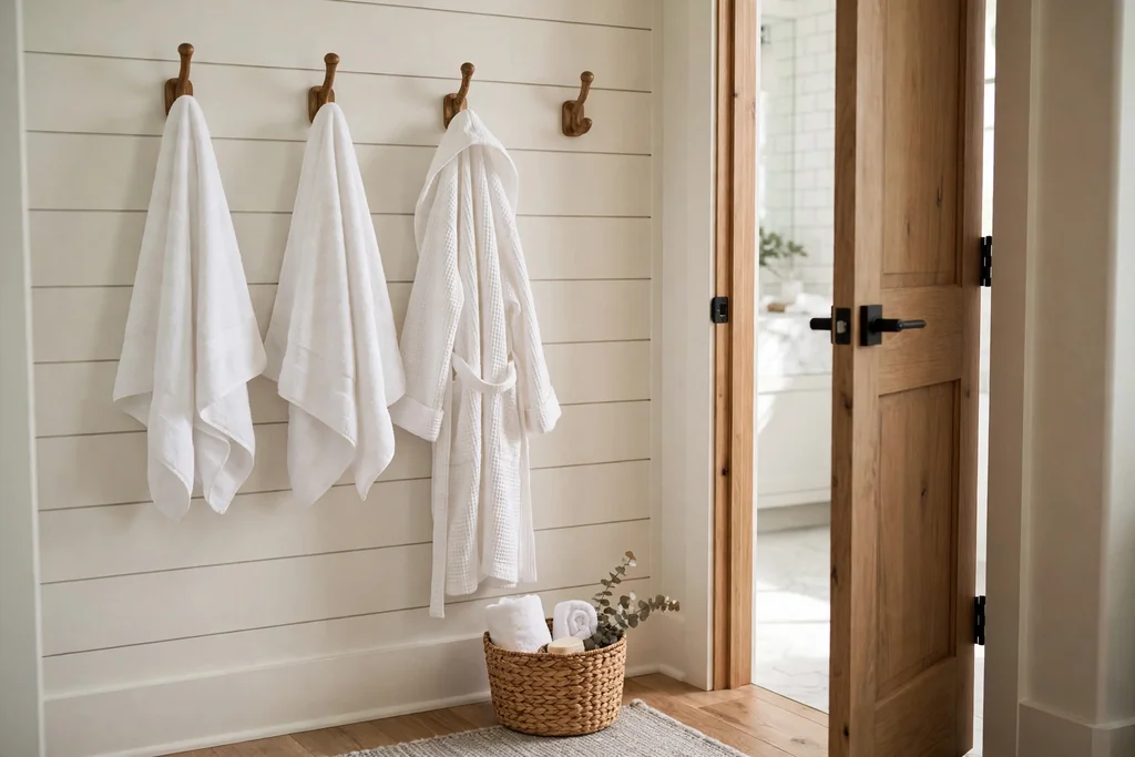Wall hooks by a bathroom door holding towels and a bathrobe