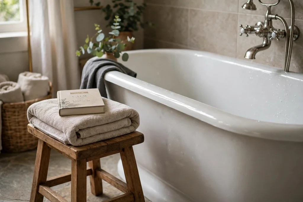 Small wooden stool beside a bathtub holding a folded towel and a book