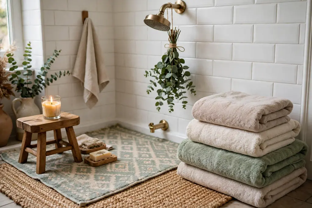 Layered rugs towels and a eucalyptus bundle in a cozy bathroom corner