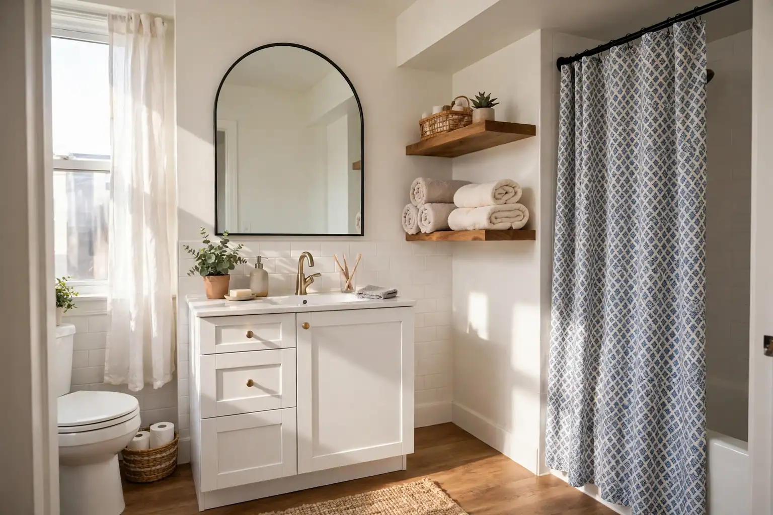 Small apartment bathroom with an arched mirror open shelves and a patterned shower curtain