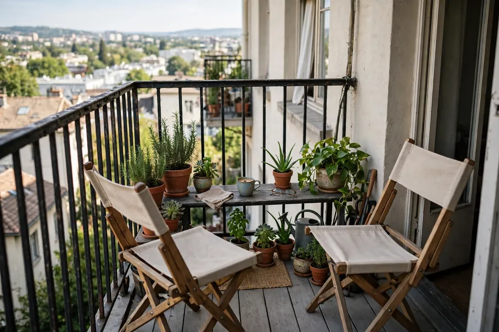 Small balcony with two folding chairs, a narrow table, and potted plants.