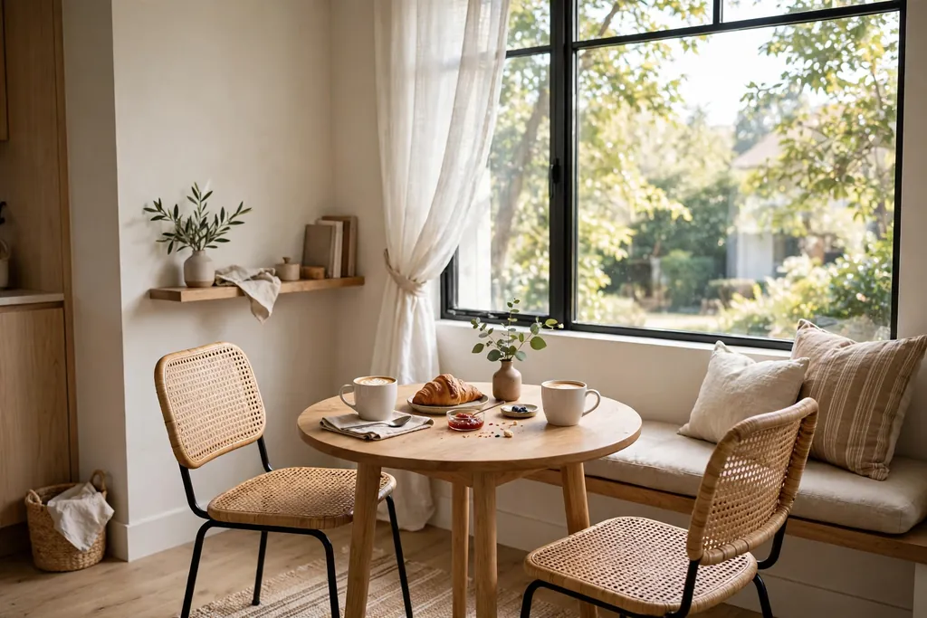 Small breakfast nook for two with a round table, two chairs, and coffee by a window.