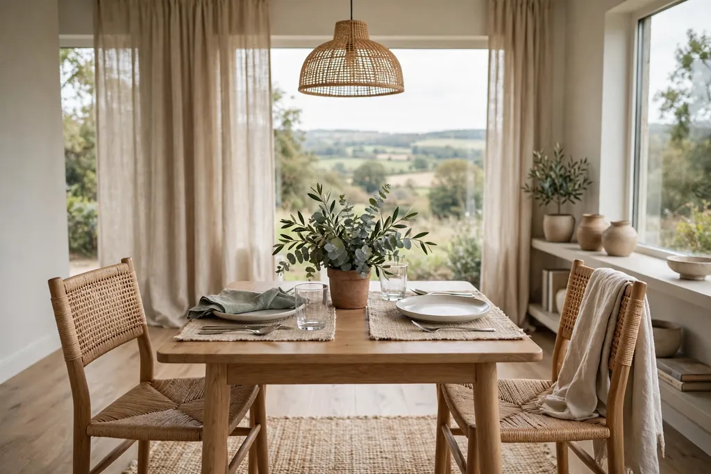 Small dining table set for two with placemats, two chairs, and a plant centerpiece.