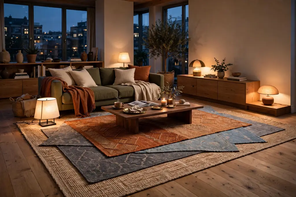 Apartment living room in the evening with layered floor, table, and low lamps.