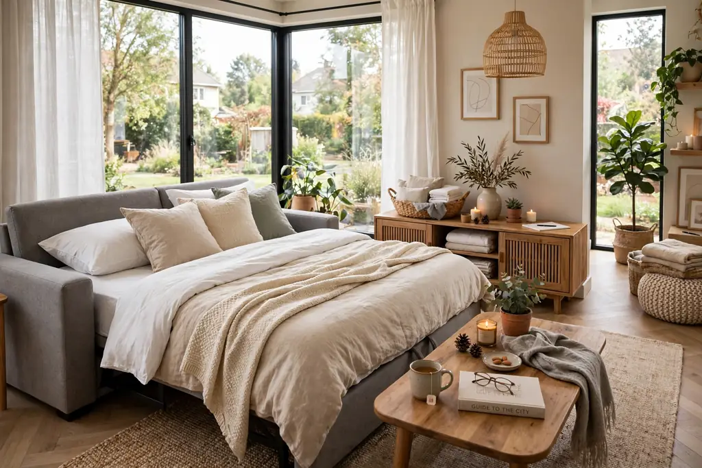 Living room with an open sofa bed made up with sheets and pillows for a guest.