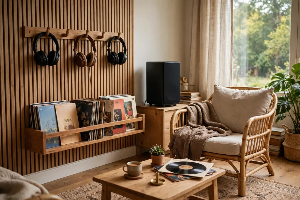 Cozy listening corner with a speaker, headphones on hooks, and a small record shelf.