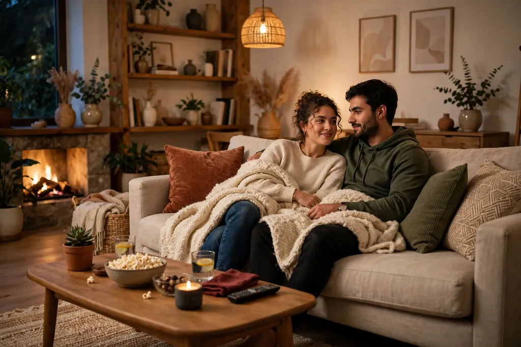 Couple relaxing on a sofa with a throw, cushions, and a low table for movie night.